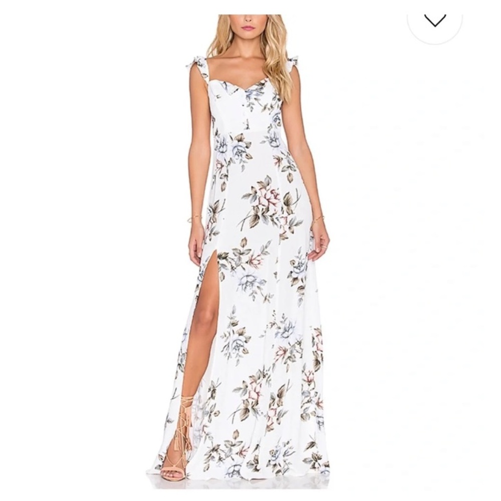 Flynn Skye White Floral ruffled flutter straps and bottom front Maxi Dress